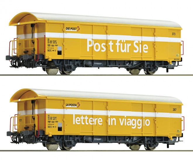 Set of 2 postal freight cars of Swisspost with tail light (3 rail AC)<br /><a href='images/pictures/Roco/Roco-76202.jpg' target='_blank'>Full size image</a>